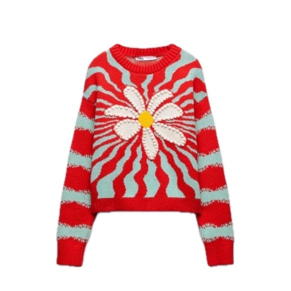 Zara Jacquard Flower Knit Sweater -size M - Picture 4 of 7